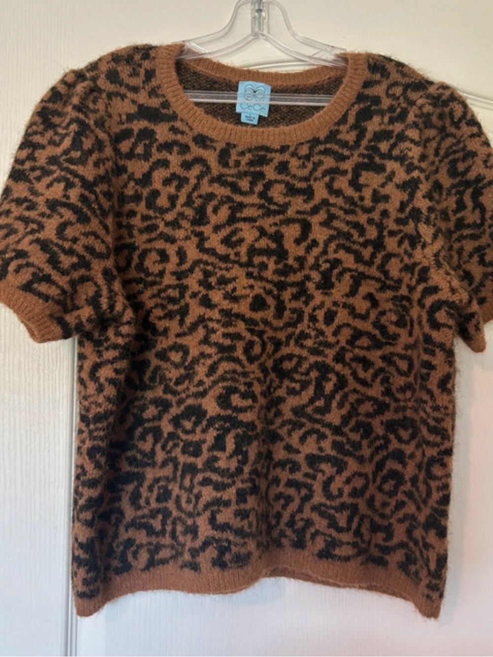 CeCe Brown and Black Short-Sleeve Leopard Crewneck Sweater